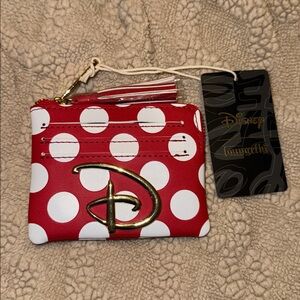 NWT Loungefly Disney Red and White Polka Dot Wallet Pouch with Gold D Accent.